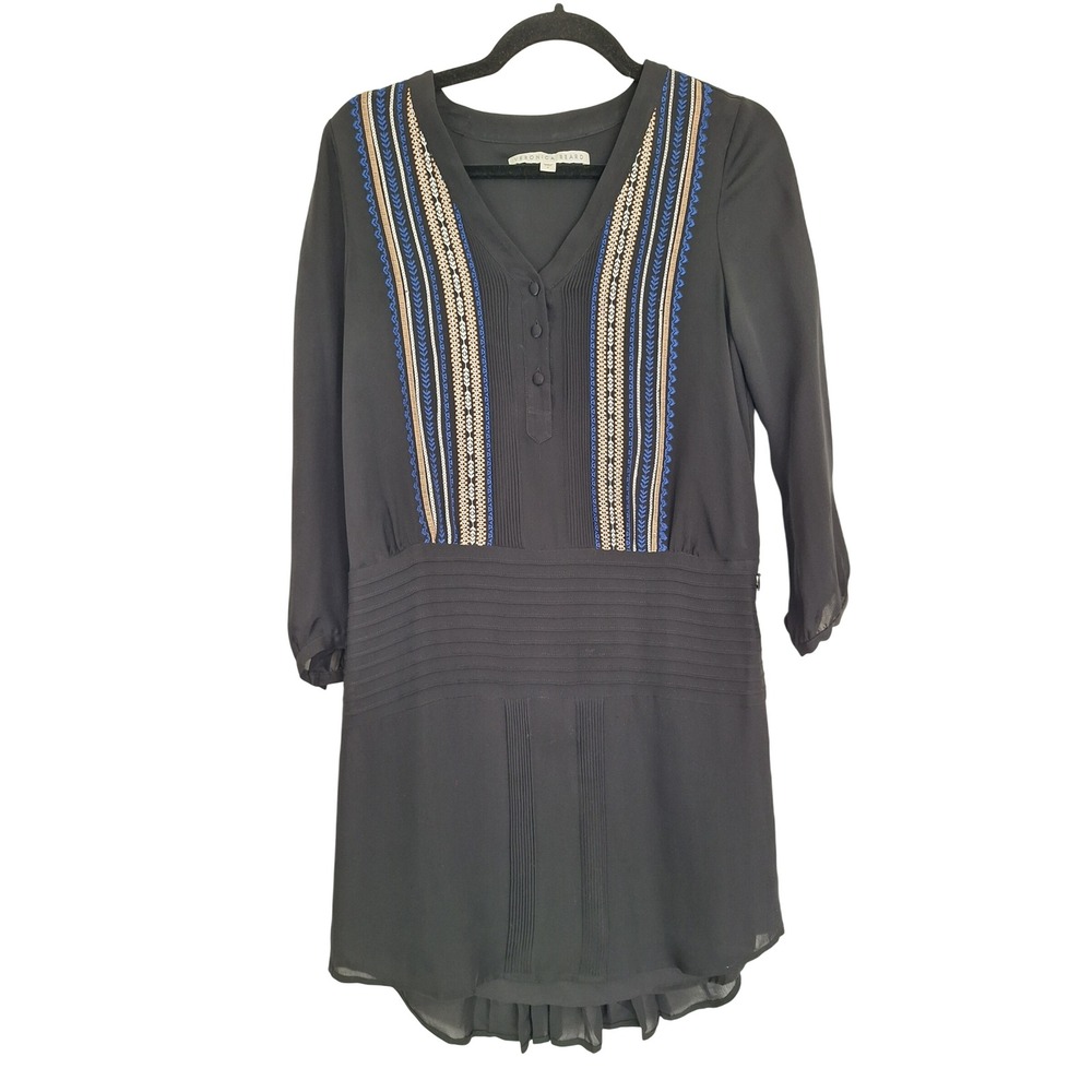 Veronica Beard Black Silk Embroidered V-Neck Drop Waist Mini Dress Size 2